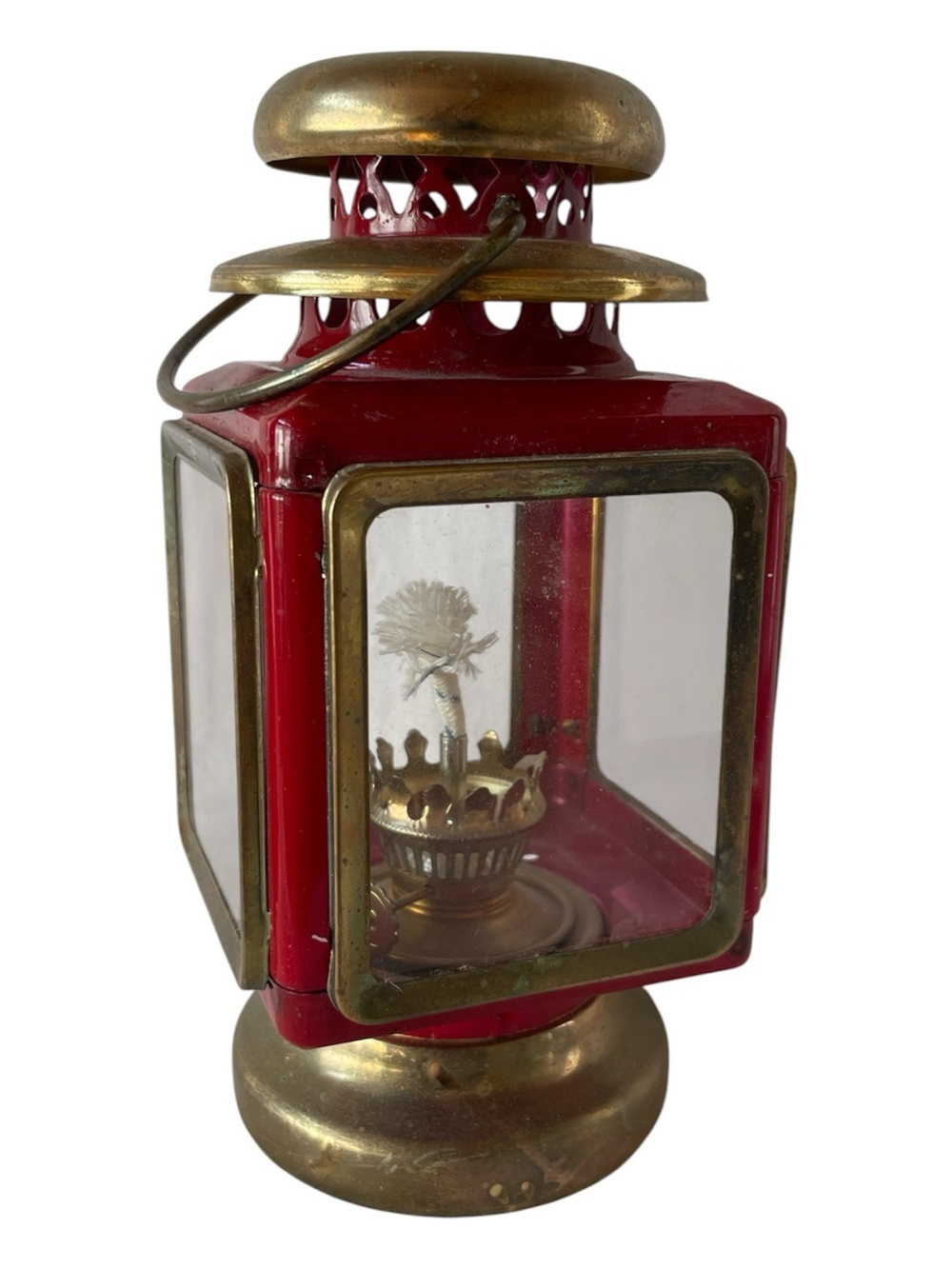 Vintage Red & Brass Decorative Railroad Lantern 1960s Classic Kerosene Oil Lamp